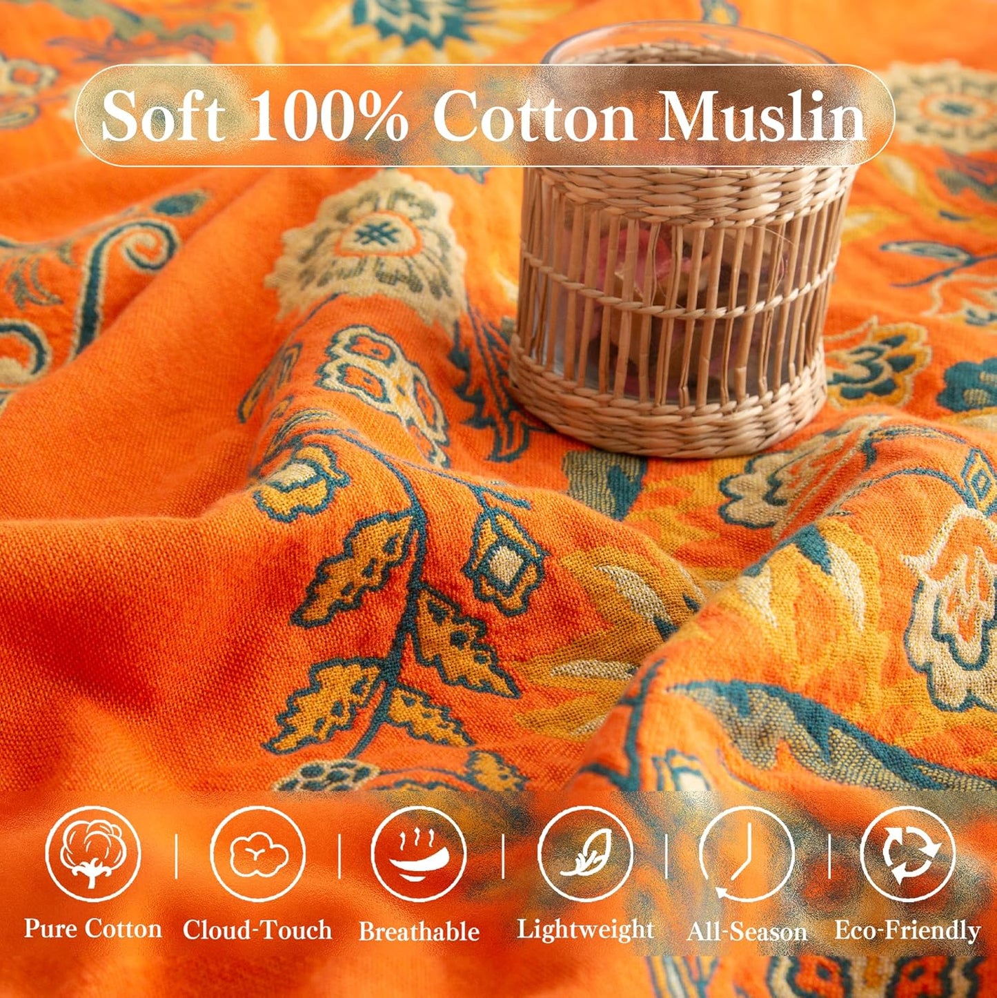 Boho Throw Blanket Twin Size, Soft Cozy Cotton Muslin Quilt Blanket for Bed Decor, Floral Patterned Couch Sofa Chair Cover, Vintage Farmhouse Cottage Tapestry Woven Blanket, Orange&Green