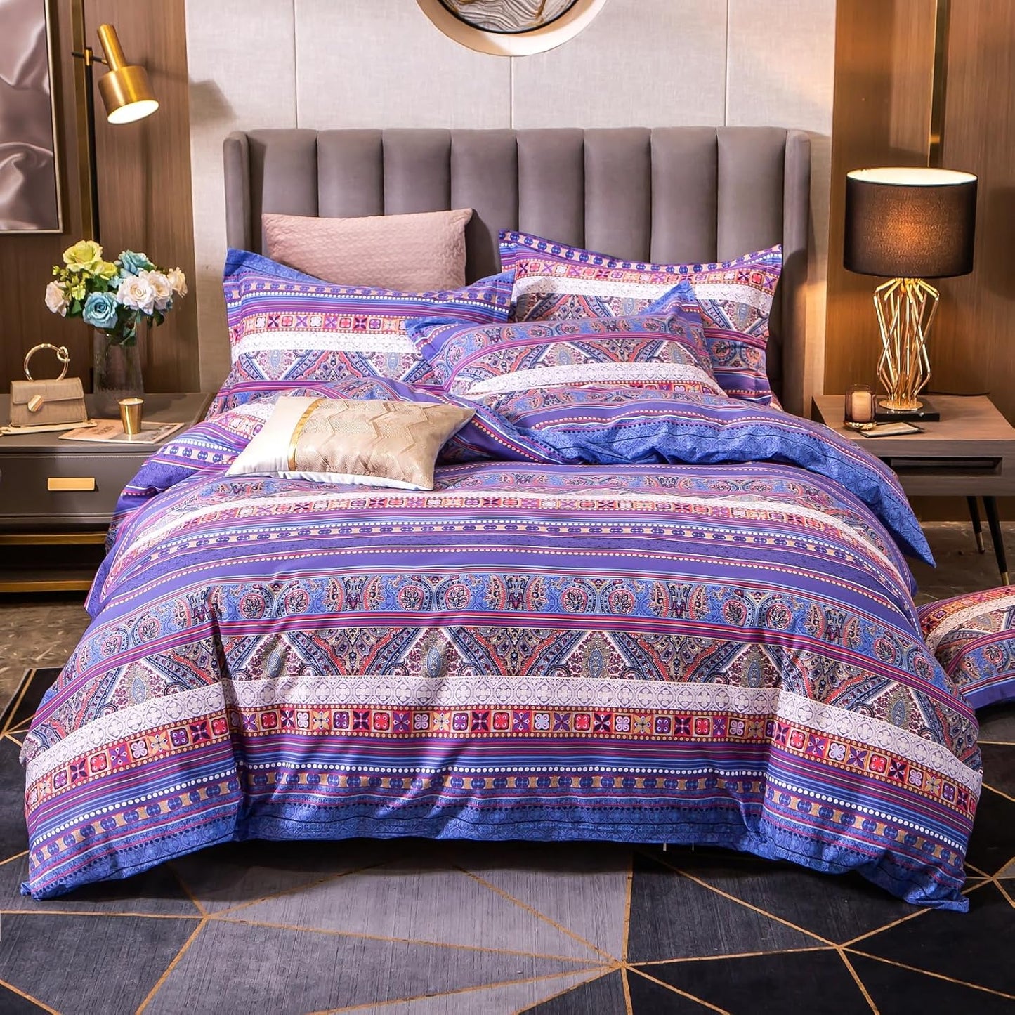 ABREEZE Bohemian Vintage King Size Floral Cotton Bedding Set 3Pcs Duvet Cover Set Boho Purple Paisley 100% Egyptian Brushed Cotton Reversible Home Bedding Collection