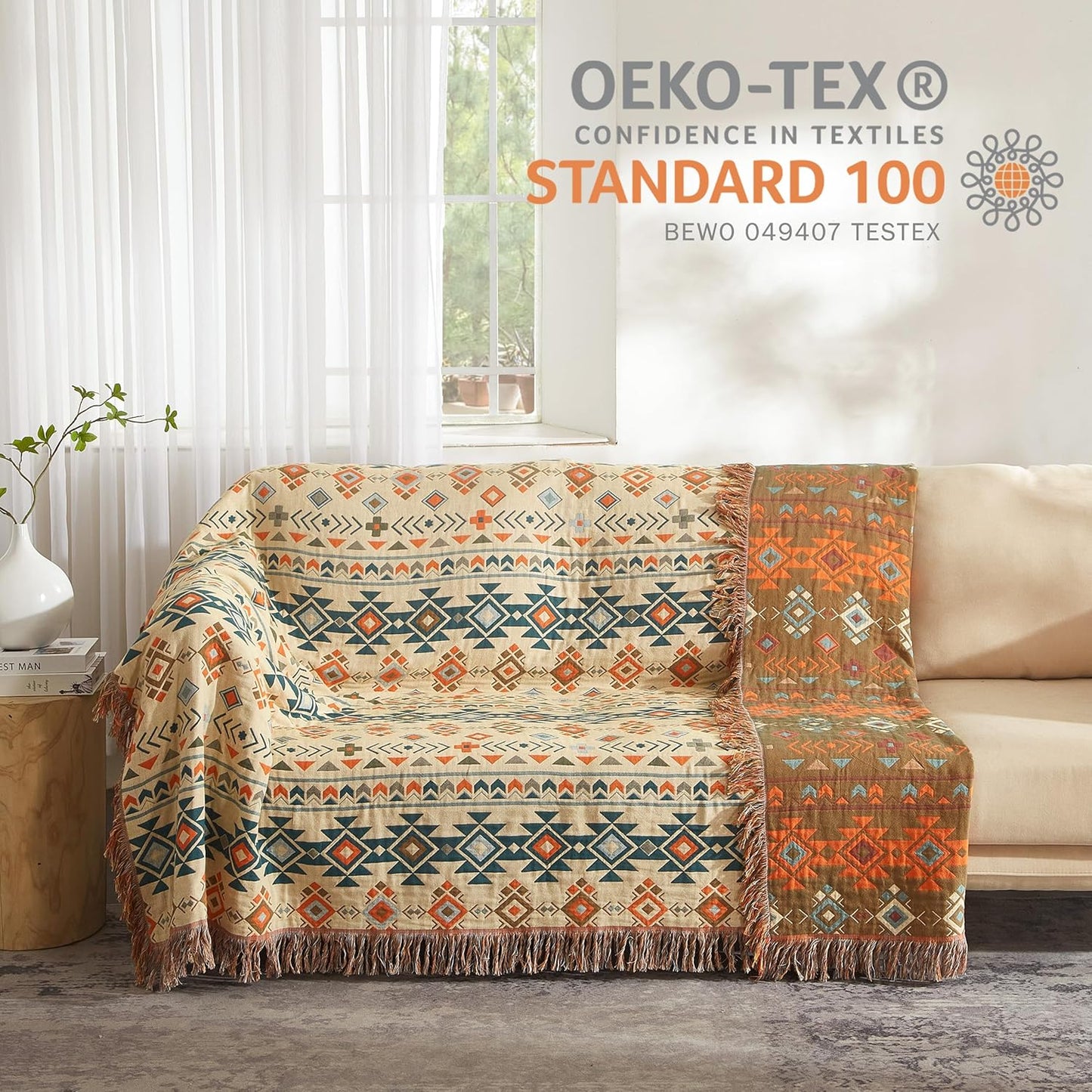 Boho Throw Blanket for Bed 60”x80”, 100% Cotton Woven Blanket for Couch Sofa, Ultra Soft 4-Layer Muslin Quilt with Diamond Pattern, Farmhouse Bed Blanket/Cover for Living Room Decor