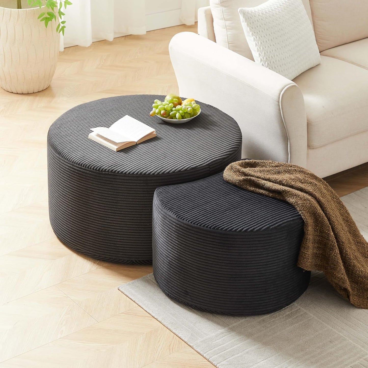 WILLIAMSPACE 50" Foam Nesting Coffee Table Set of 2, Modern Upholstered Round Center Tables for Living Room, Accent Side Tea Table Ottoman, No Assembly - Black