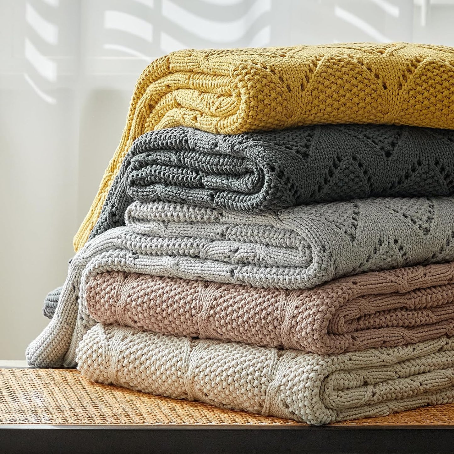 Longhui bedding Chunky Cotton Knit Throw Blanket for Couch, Sofa, Bed, or Chair, Decorative Breathable Fall Cable Knit Blanket 60 x 80 Inches, Large Mustard Yellow