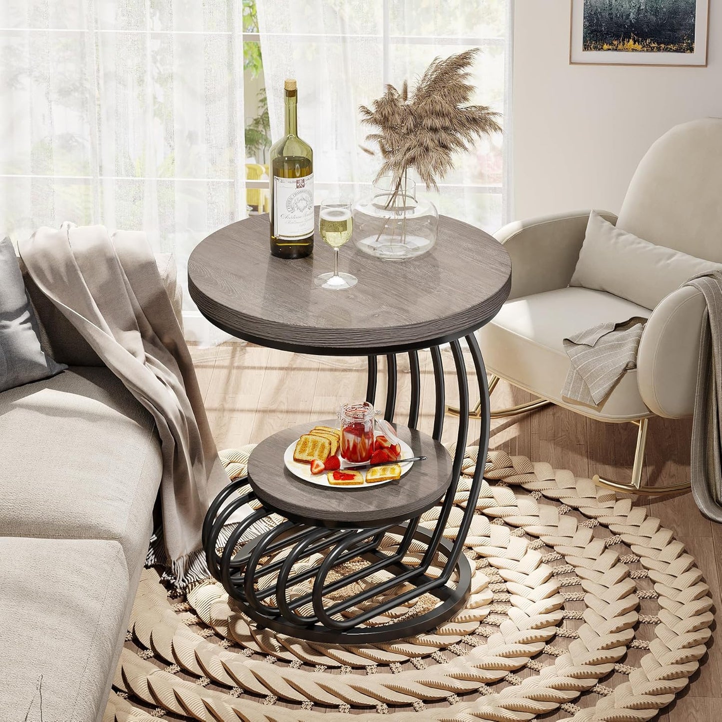 Tribesigns Round End Table: 2 Tiers Wood Side Table with Storage Shelf, Rustic Gray Bedside Nightstand, Metal Arc-Shaped Frame Accent Table for Living Room, Bedroom