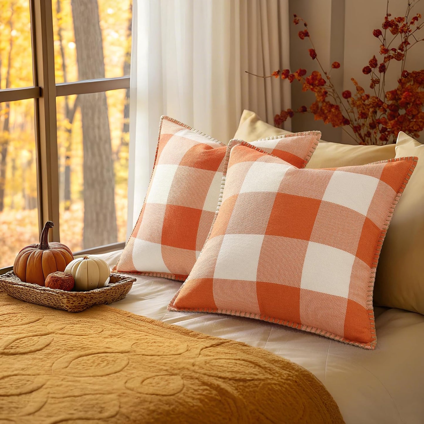 decorUhome Fall Orange and White Decorative Throw Pillow Covers 16x16 Set of 2, Buffalo Plaid Check Farmhouse Cushion Covers with Stitched Edge for Autumn Harvest Couch Sofa Bed Home Decor