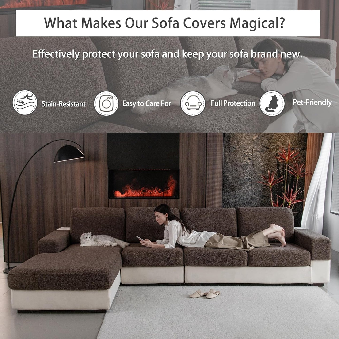 Couch Cushion Covers for Sectional Sofa, Stretch Soft Sofa Slipcovers Washable Wear-Resistant Universal Furniture Protector for Living Room(2 Seaters Covers, Brown)