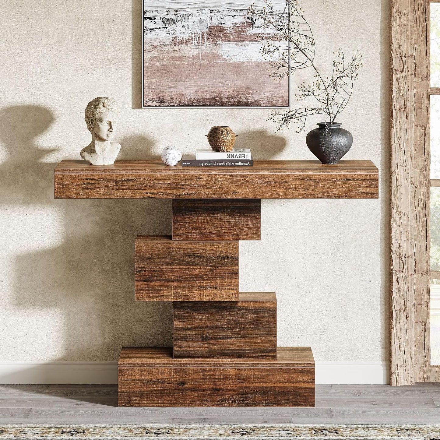 Tribesigns 42.5" Farmhouse Console Table, Narrow Wood Sofa Table Behind Couch with Geometric Base, Industrial Entryway Accent Table for Living Room, Hallway, Entrance (Rustic Brown)