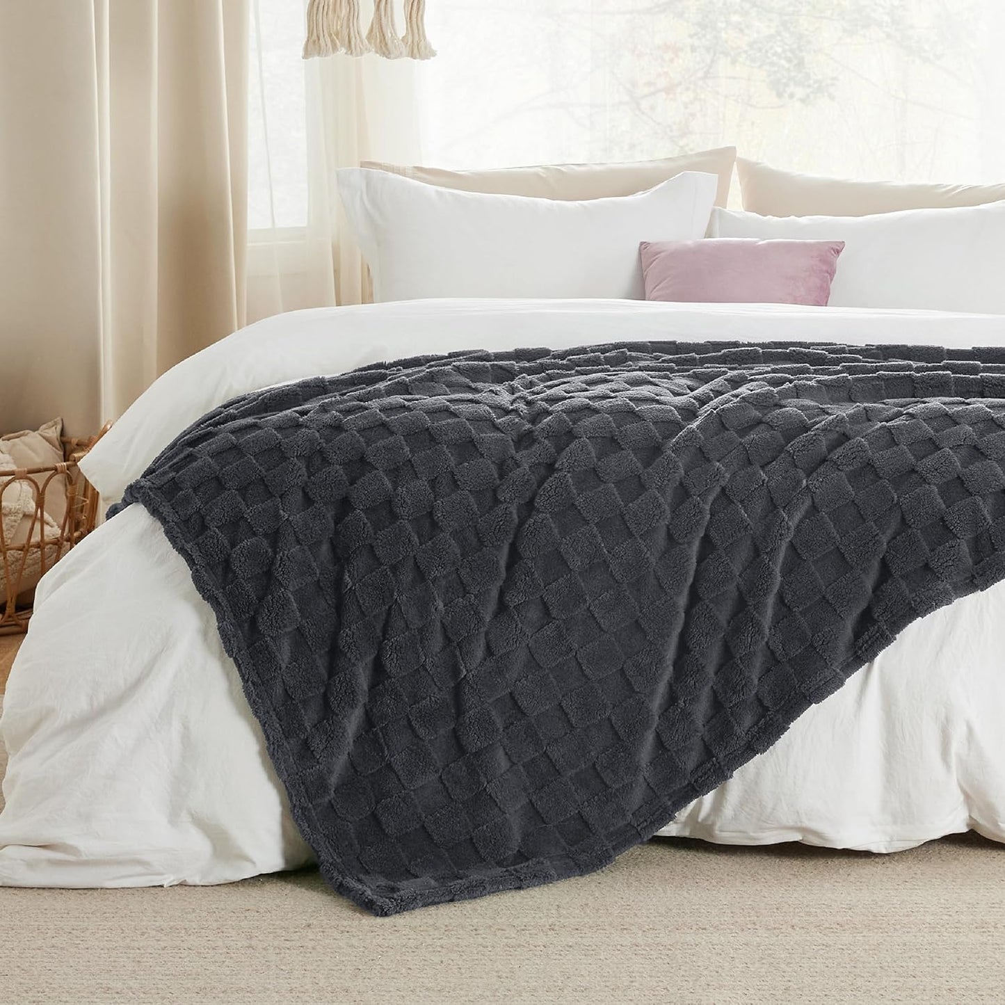 Bedsure GentleSoft Dark Grey Throw Blanket for Couch - Checkered Fleece Blankets Gifts for Women Men Girls, Cute Soft Cozy Throw for Bedroom Home Decor Gifts, 50x60 Inches