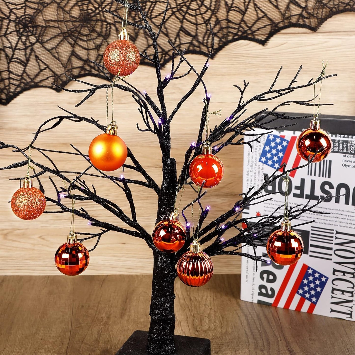 Lulu Home Halloween Ball Ornaments, 34 Ct 1.57" Pre-Strung Hanging Ornament Decorations, Shatterproof Plastic Balls for Holiday Party Wreath Garlands Trees, Orange