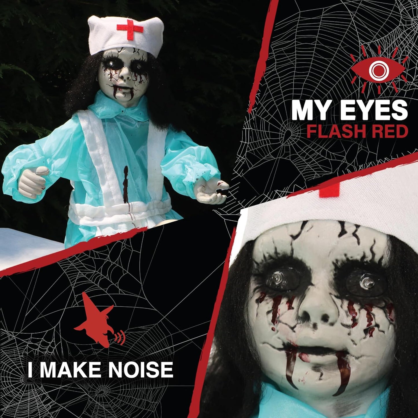 Haunted Hill Farm 1.8 ft. Groundbreaker Zombie Nurse Animatronic with Flashing Red Eyes and Poseable Arms, Creepy Halloween Decoration with Sound Effects, Battery Operated Prop