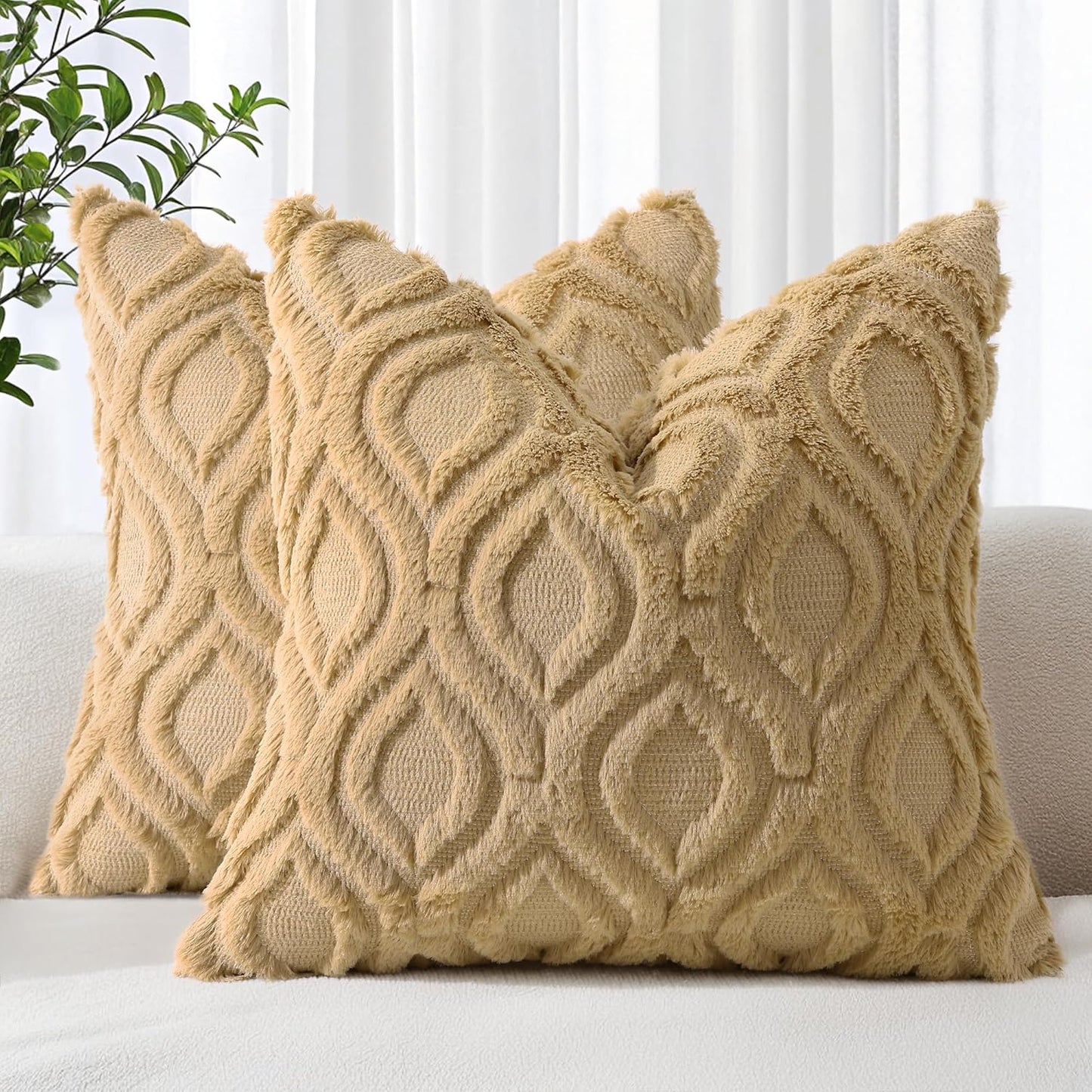 decorUhome Throw Pillow Covers 26x26 Inch Set of 2, Soft Plush Decorative Faux Fur Light Brown Solid Couch Pillow Covers, Accent Farmhouse Neutral Square Euro Pillow Cases for Sofa Bed Living Room