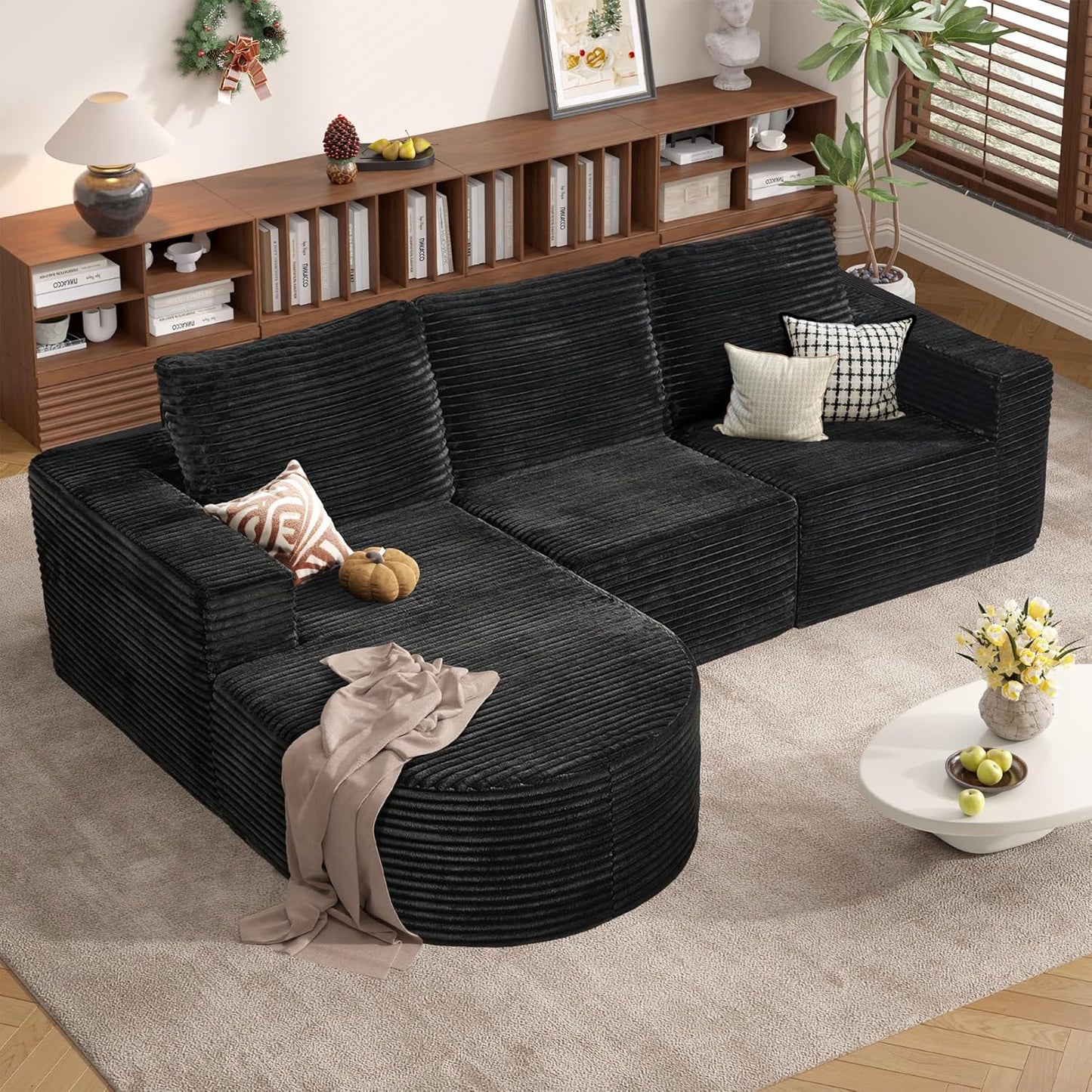 Modular Sectional Sofa with L-Shape Chaise,Cloud Sectional Modern Sleeper Couch with Deep Seat,Sponge Compression Sofas No Assembly Required(Plush Corduroy Fabric) 1PCS