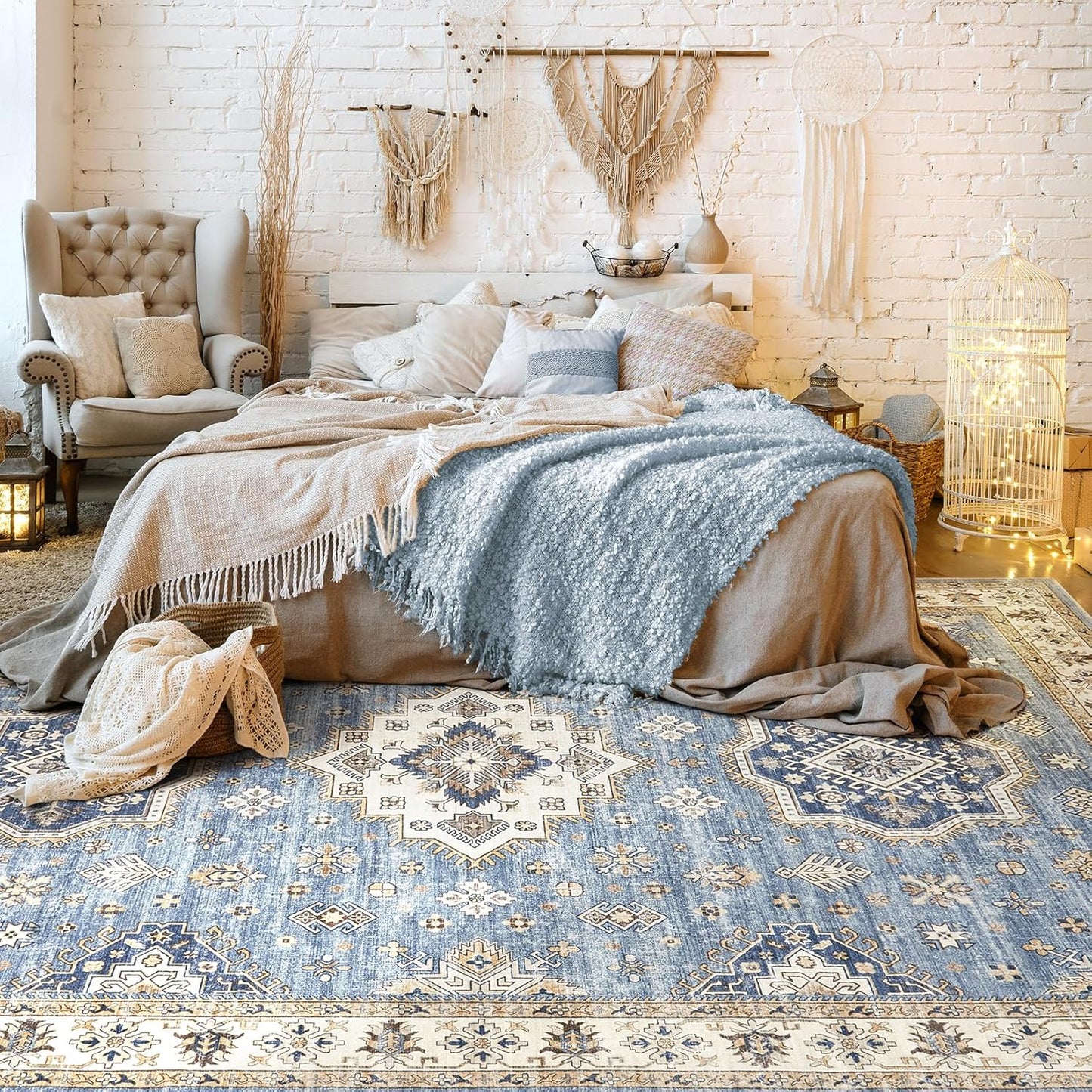 Washable Area Rugs for Living Room - 5x7 Neutral Vintage Distressed Floral Farmhouse Boho Large Soft Floor Rug Indoor Non Slip Carpet for Living Room Bedroom Dining Room Office - Blue