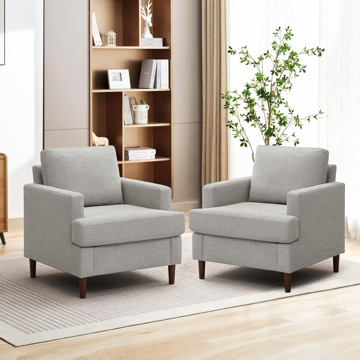 Mid-Century Accent Chair,Modern Linen Fabric Armchair for Living Room,Comfy Upholstered Reading Accent Chairs for Bedroom,Single Sofa Chair with Wood Legs (Light Grey, 2 Pack)