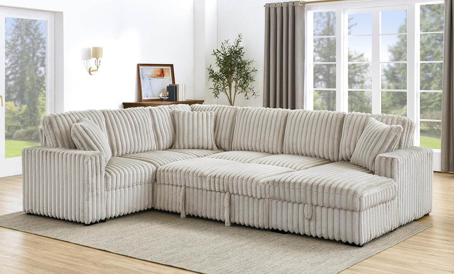 THSUPER 122-Inch Oversized U Shaped Plush Corduroy Fluffy Sectional Sleeper Sofa with Pull Out Bed, Storage Chaise Lounge and USB Charging Port - Beige