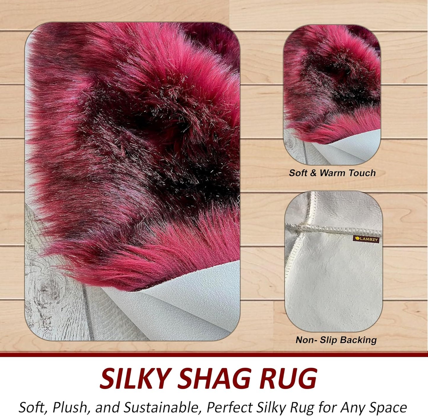 LAMBZY Faux Sheepskin Super Soft Hypoallergenic Free Shape Silky Shag Rug, Luxury Shaggy Plush Carpet for Bedrooms Living Kids Room Sofa Rugs (Burgundy, Octo 8 Pelts 6'x8')