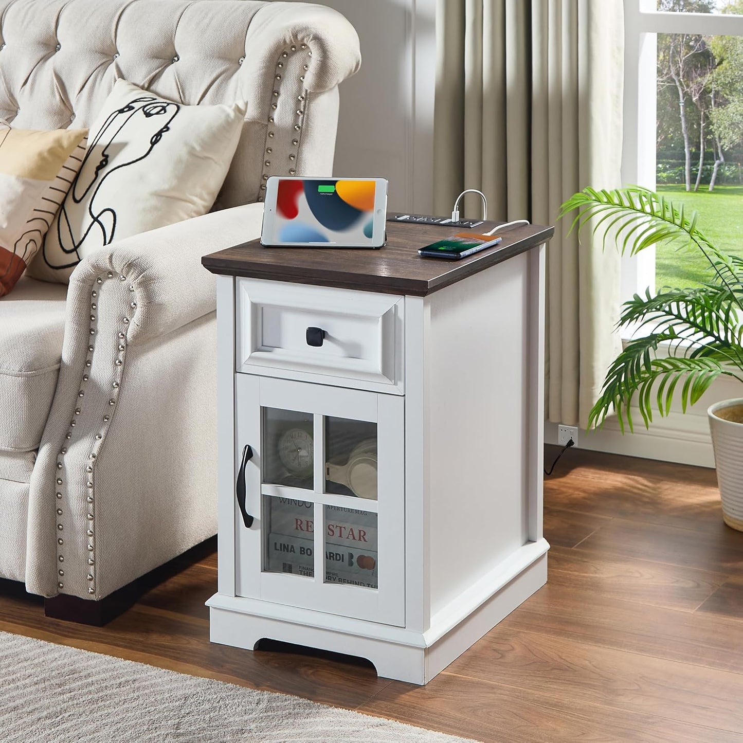 Farmhouse XXL End Table with Charging Station, Side Table with USB Ports and Outlets, Nightstand with Drawer and Glass Door Storage, White Bedside Tables for Living Room, Bedroom, Office