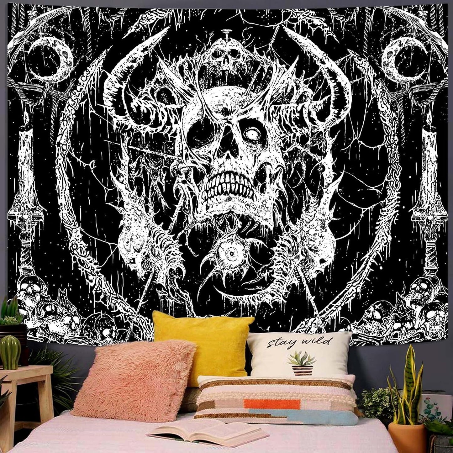 Lifeella Skull Tapestry, Gothic Horror Moon Skeleton Mystic Dark Tapestries for Bedroom Grunge Wall Hanging Black and White 60 x 80 inch