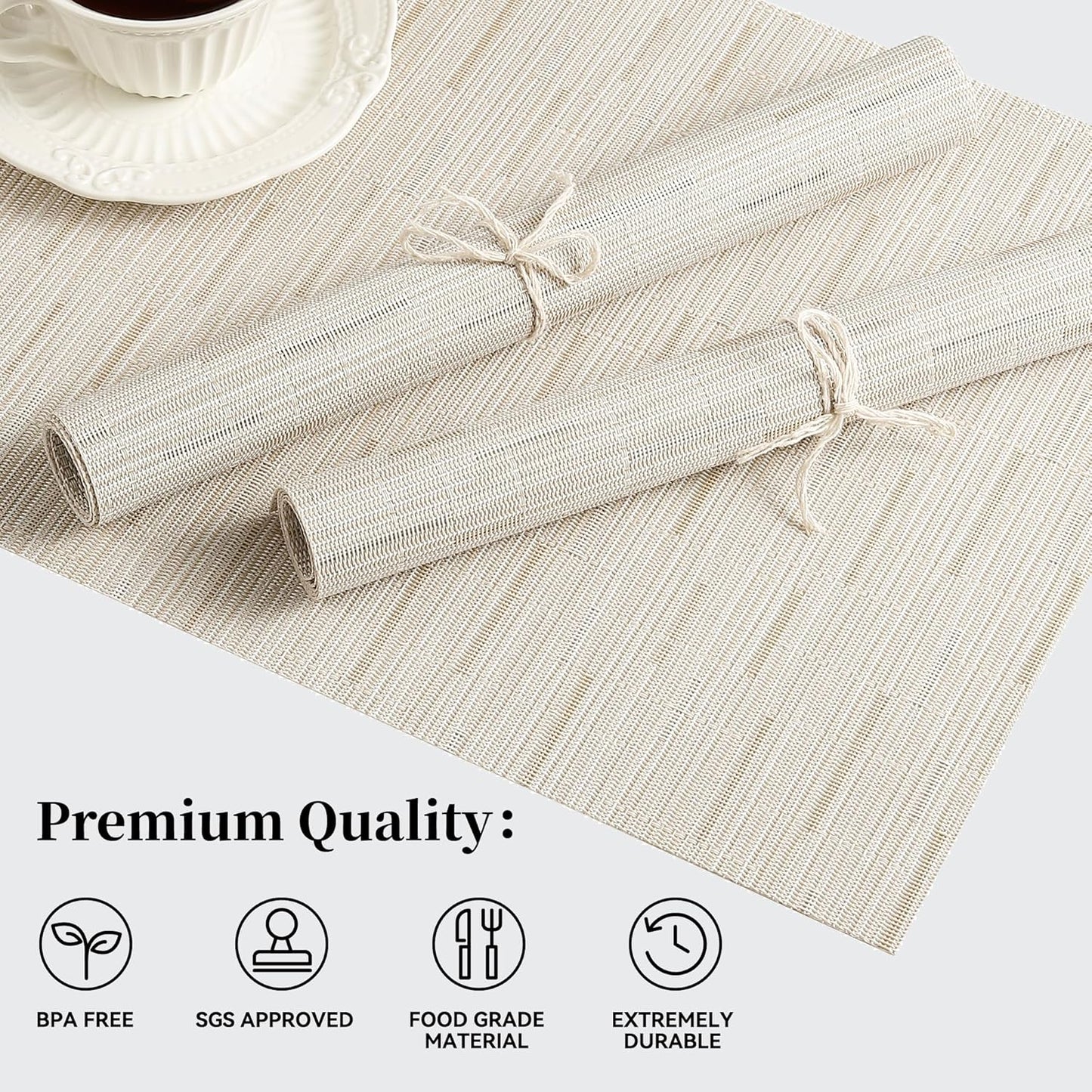 Leetaltree Pale Beige Placemats Set of 12 - Heat Resistant Non-Slip Place mats for Dining Table, Washable Durable PVC Vinyl Woven Table Mats（Pale Beige, 12）