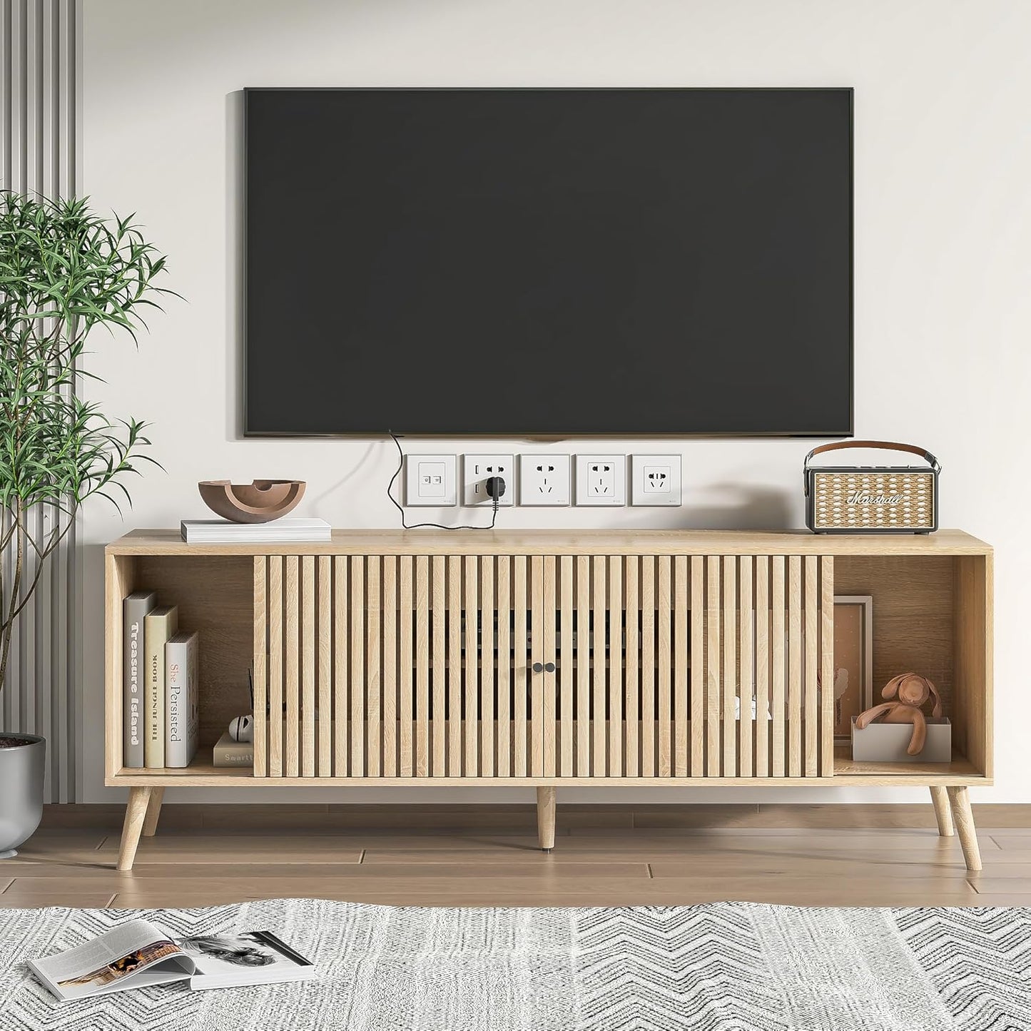 Mid Century Modern TV Stand for Televisions up to 70 Inches, with Sliding Doors and Storage, Television Stands, TV Consoles, Media Consoles for Living Room, 63 Inch (Natural)