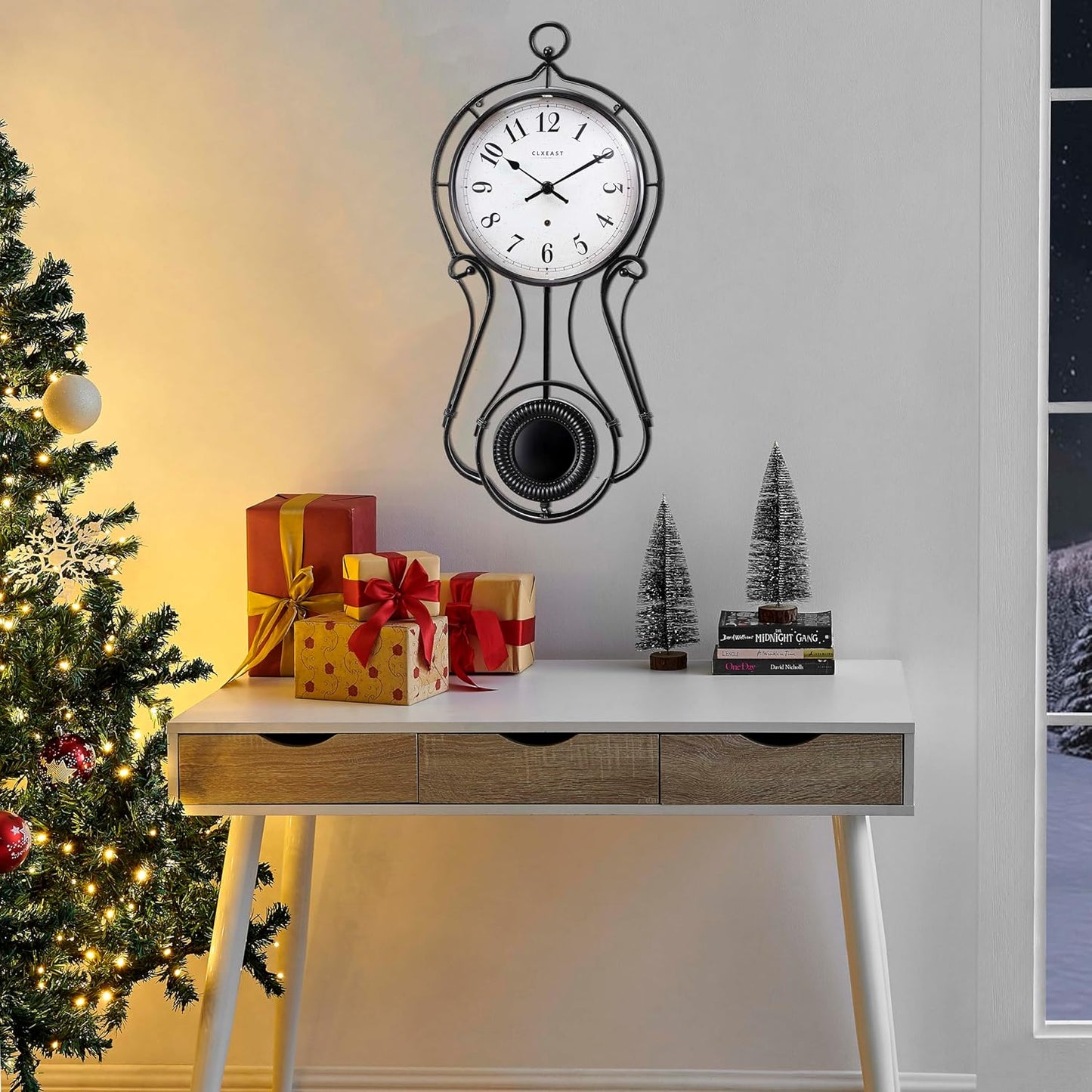 CLXEAST 20 Inch Black Metal Pendulum Wall Clock, Large Schoolhouse Regulator Wall Clocks for Living Room Decor,House Warming Gifts New Home,Gifts for Women