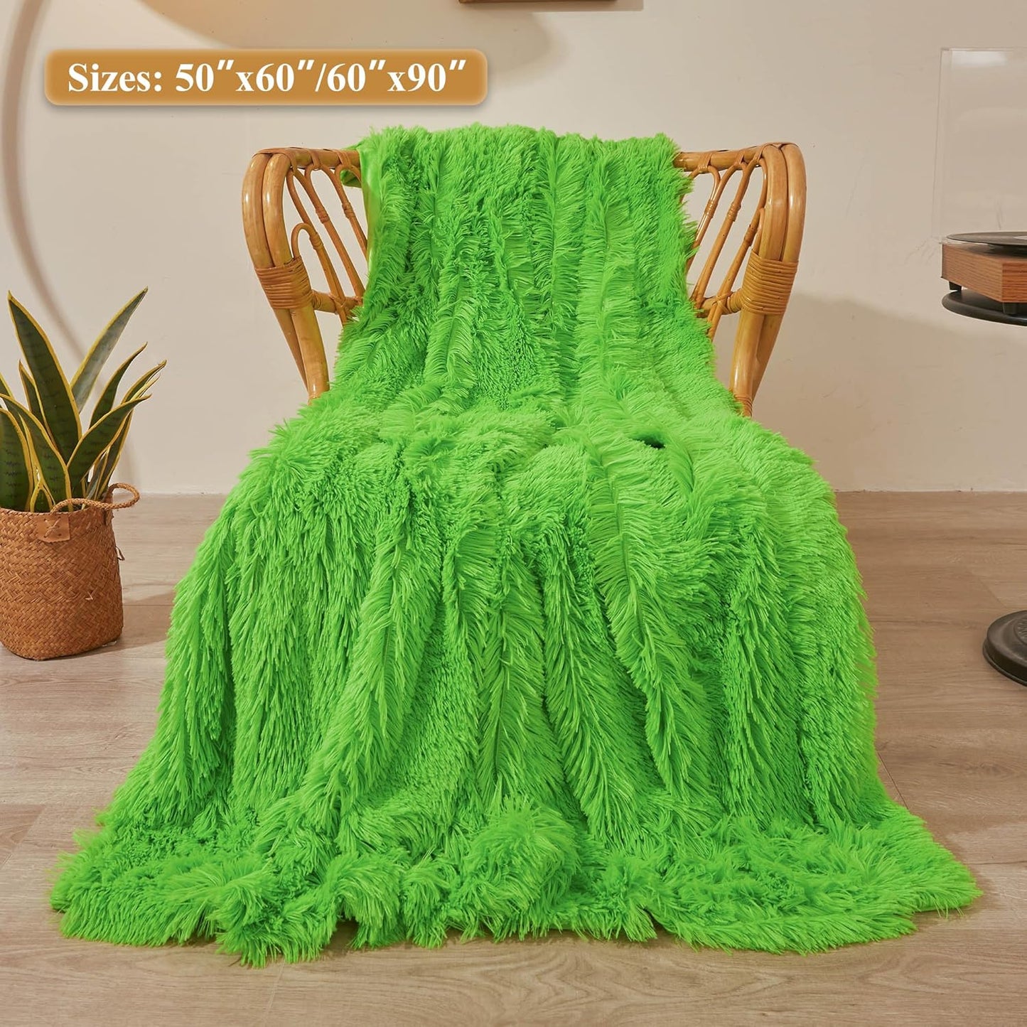 XeGe Luxury Faux Fur Blanket, Lime Green Soft Big Fluffy Throw, Shaggy Plush Decorative Couch Blanket, Cute Furry Fuzzy Bed Throw for Bedroom Living Room, Lime Green, 60x90