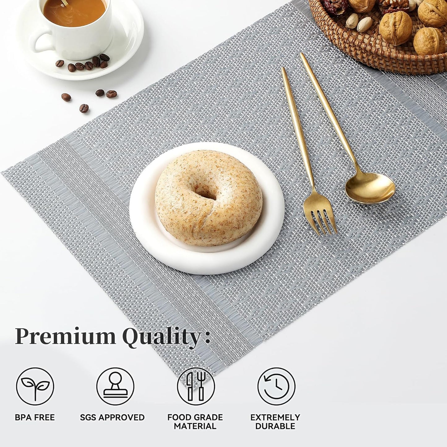 Leetaltree Lunar Grey Placemats Set of 4 - Heat Resistant Non-Slip Place mats for Dining Table, Washable Durable PVC Vinyl Woven Table Mats（Lunar Grey, 4）