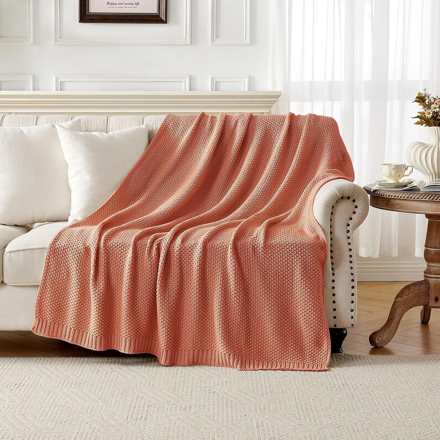 Joydeco Chunky Cable Knit Throw Blanket, Lightweight 100% Cotton Soft Cozy Throw Twin Blanket for Couch Bed and Sofa, Rustic Breathable Farmhouse Blanket Gift for Women Men(Burnt Orange, 51"x63")