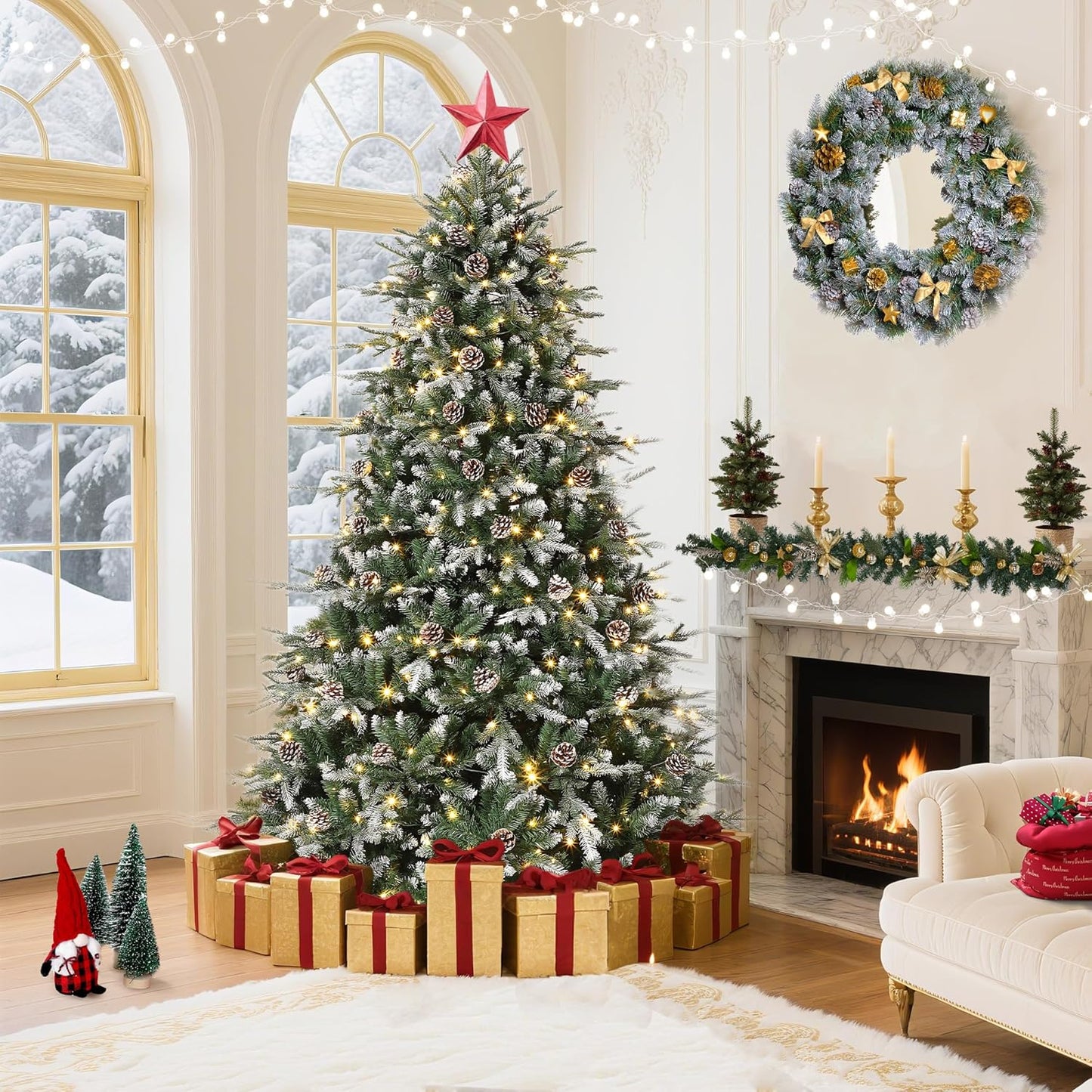 7.5 FT Snow Flocked Christmas Tree with 450 Warm Lights-8 Modes, Prelit Christmas Trees with Pine Cone & Gloves, Metal Folding Stand, Full Artificial Xmars Tree for Home Decor, Norway Spruce, Green
