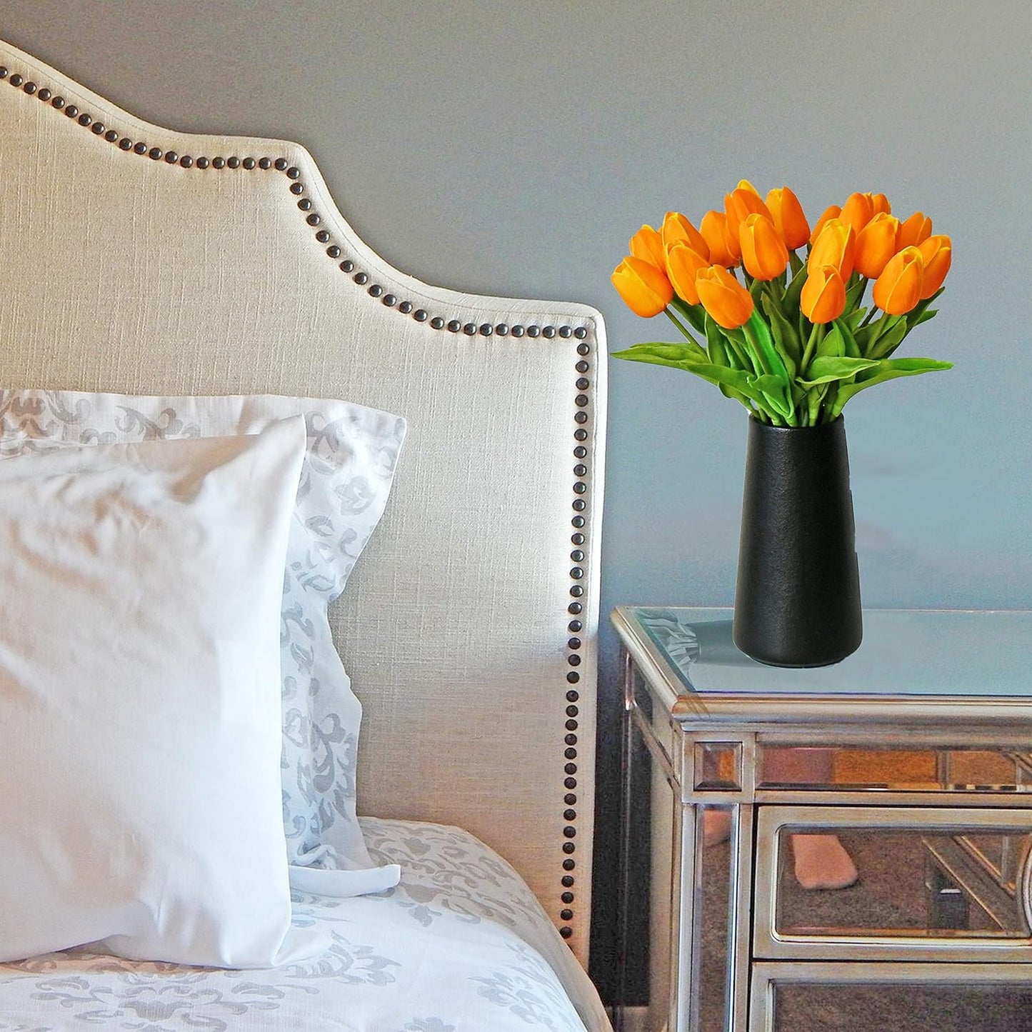 Mandy's Artificial Tulips 20 Stems Orange PU Faux Flowers for Wedding Home Decor 13.5 Inch
