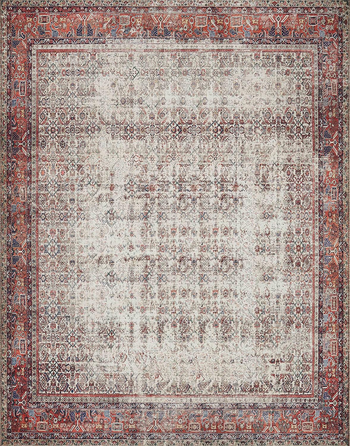 Loloi Layla Collection LAY-12 Ivory/Brick 9'-0" x 12'-0" .13" Thick Area Rug, Soft, Durable, Vintage Inspired, Distressed, Low Pile, Non-Shedding, Easy Clean, Printed, Living Room Rug