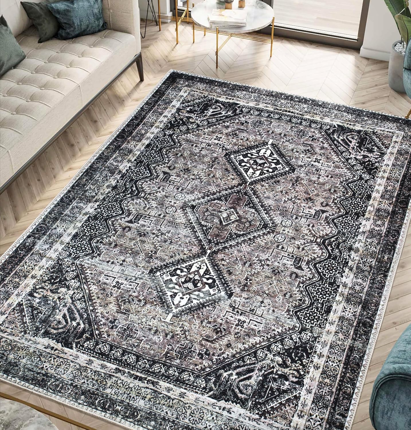 Keen Home Design 4x6 Rug - Machine Washable Area Rug with Non-Slip Backing, Ideal for Living Room, Dining Room, Bedroom - Vintage, Easy Clean, Durable, Low Pile Rug - (4' x 6')
