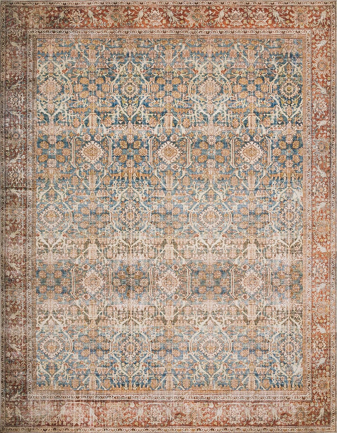 Loloi Layla Collection LAY-04 Ocean/Rust 7'-6" x 9'-6" .13" Thick Area Rug, Soft, Durable, Vintage Inspired, Distressed, Low Pile, Non-Shedding, Easy Clean, Printed, Living Room Rug