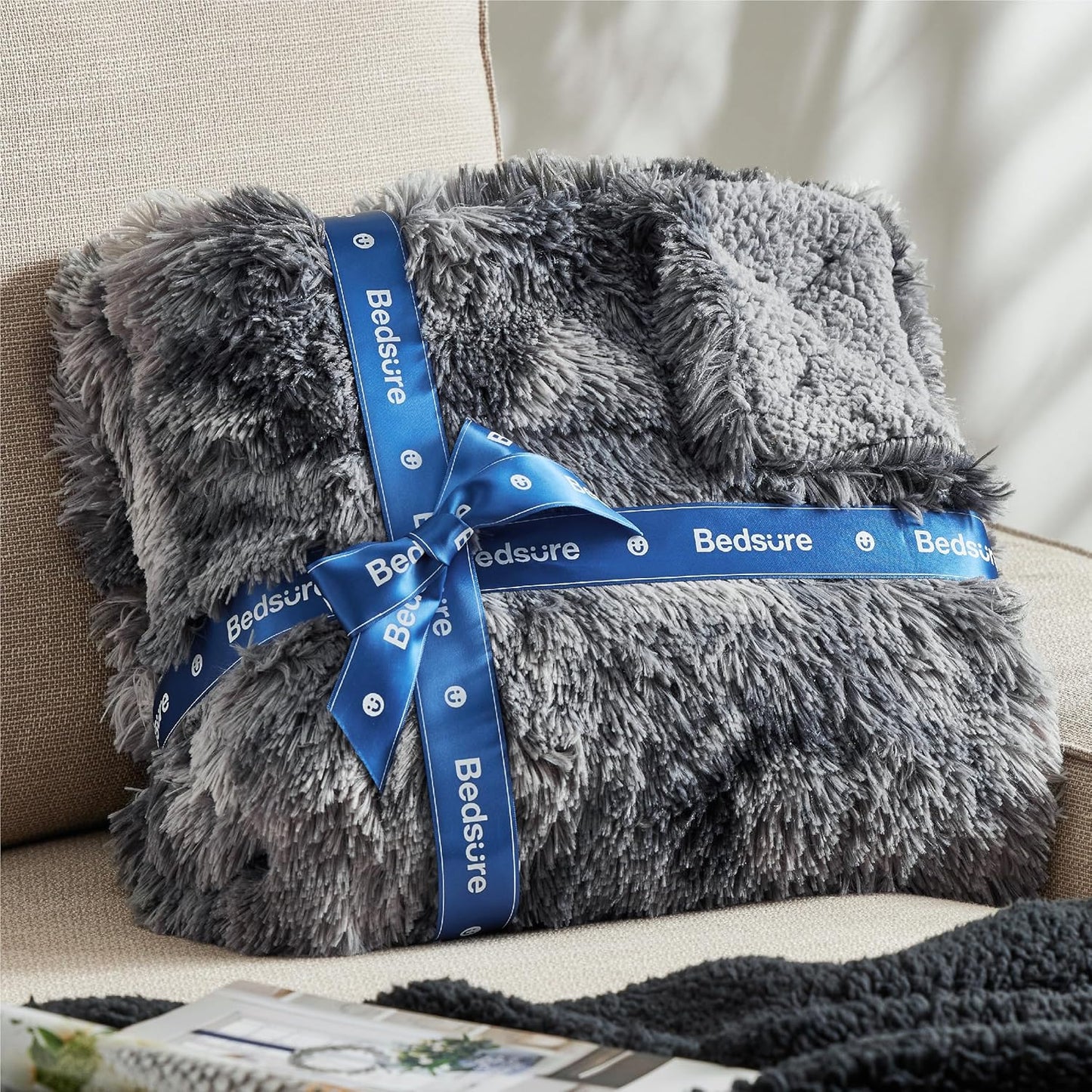 Bedsure GentleSoft Fluffy Fuzzy Faux Fur Throw Blanket, Soft Sherpa Fleece Cozy Gifts for Women, Grey Room Decor for Men Plush Blanket for Couch Bed, Thick Warm Minky Gifts for Girls Boys Teenages