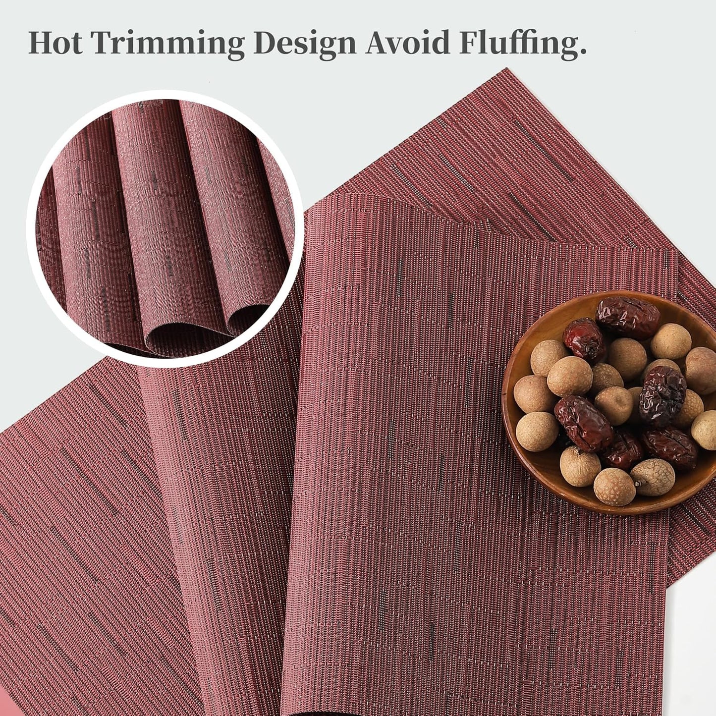 Leetaltree Burgundy Placemats Set of 12 - Heat Resistant Non-Slip Place mats for Dining Table, Washable Durable PVC Vinyl Woven Table Mats（Burgundy, 12）