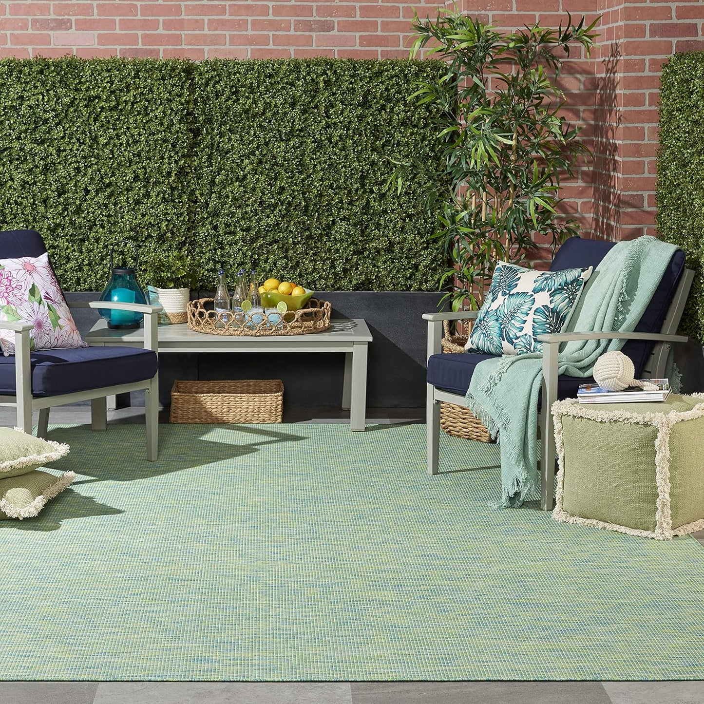 Nourison Positano Indoor/Outdoor Blue/Green 8' x Round Area Rug, Easy Cleaning, Non Shedding, Bed Room, Living Room, Dining Room, Backyard, Deck, Patio (8 Round)