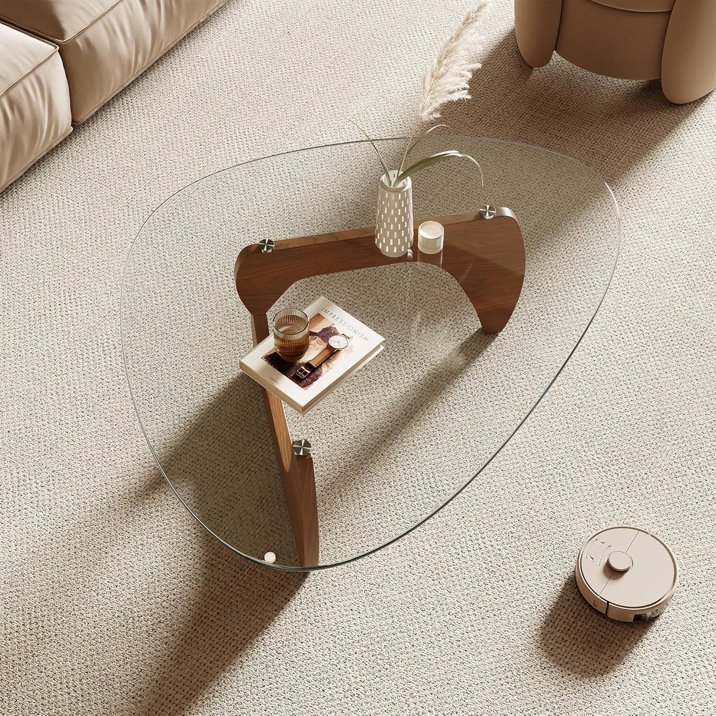 Honyee Morden Coffee Table, 42.5" x 28.5" x 16.1" Triangle Tempered Glass Top for Living Room, Color: Natural Wood