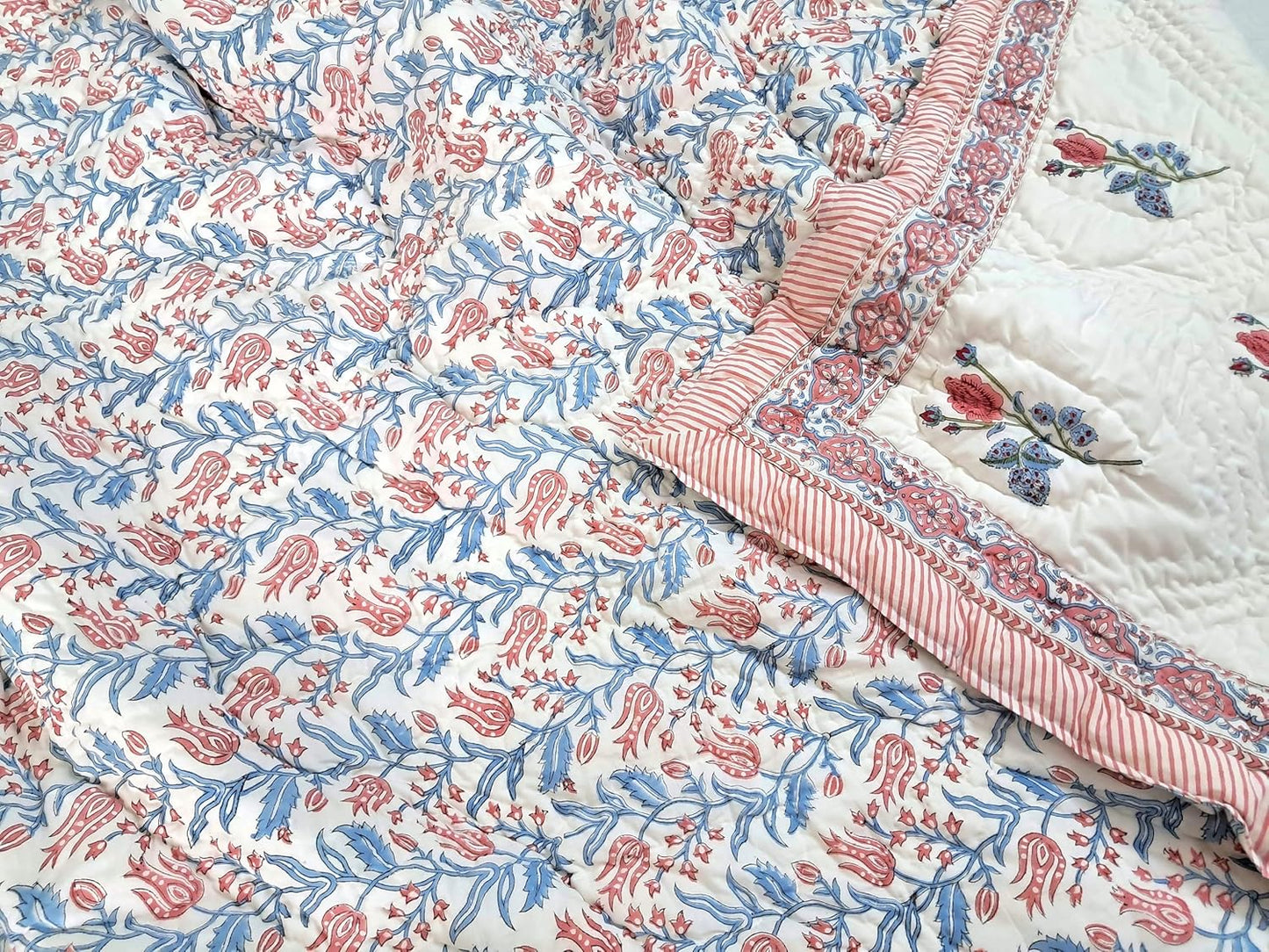 Queen Size Rose Pink Cotton Throw Blanket – Hand Block Printed 90x108 Bedspread – Lightweight Soft Quilt for Sofa, Couch, or Bed – Cozy All-Season Boho Blanket