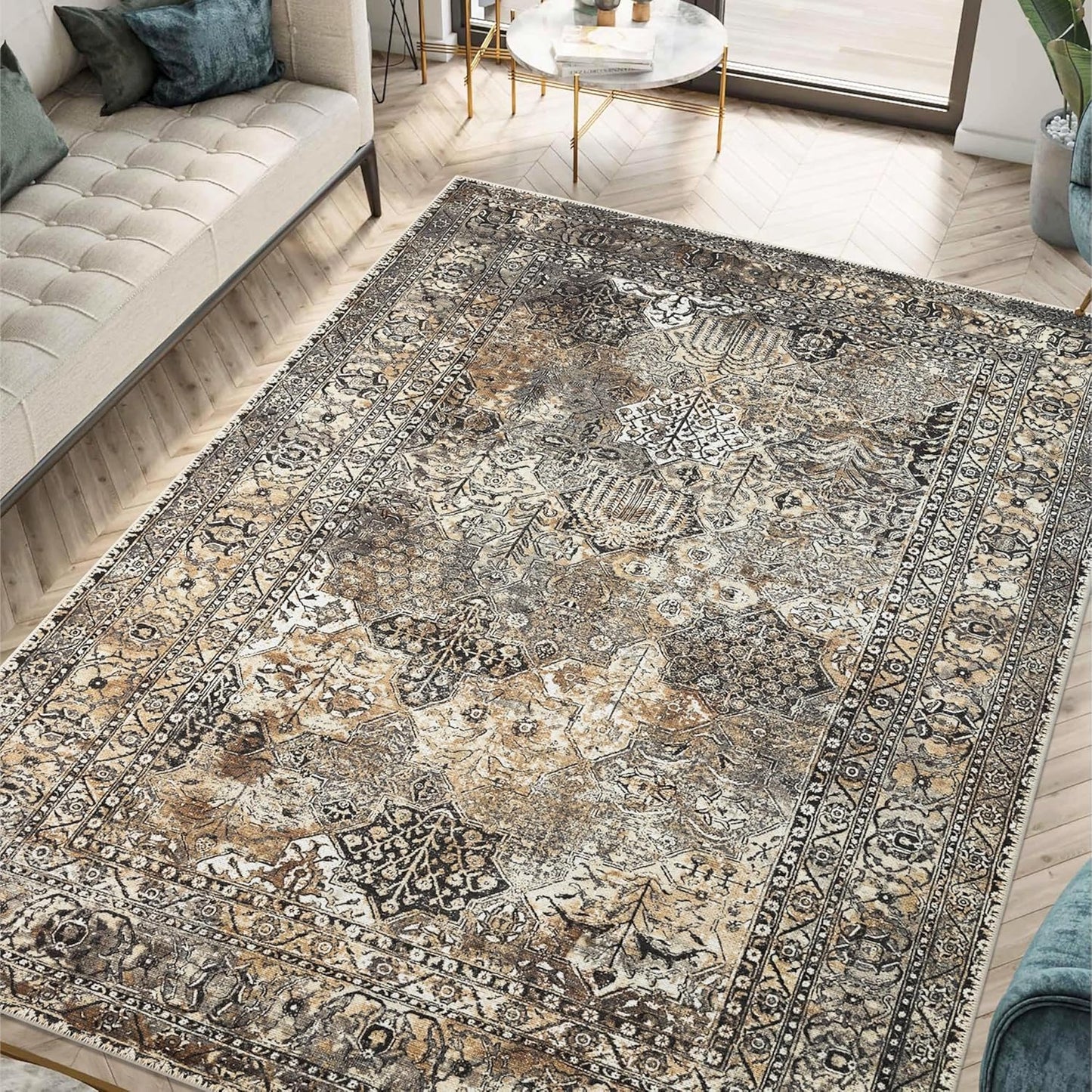 Keen Home Design 8x10 Rug - Machine Washable Area Rug with Non-Slip Backing, Ideal for Living Room, Dining Room, Bedroom - Vintage, Easy Clean, Durable, Low Pile Rug - (8' x 10')