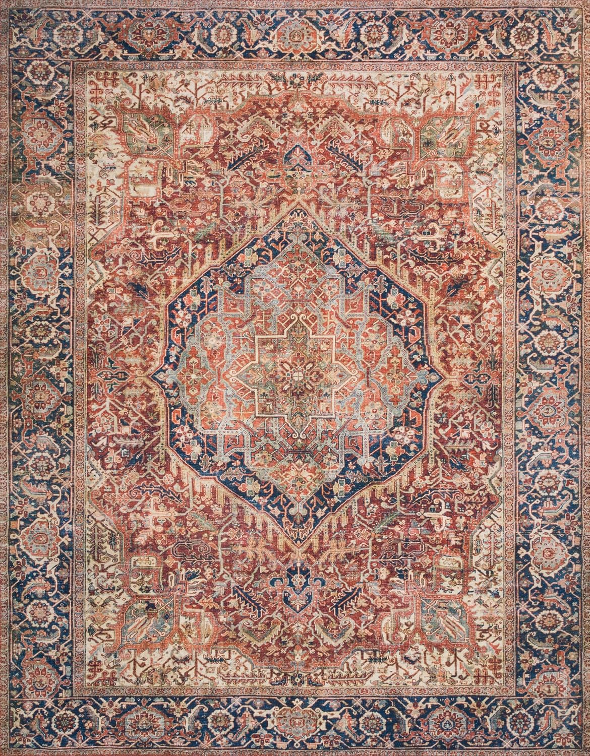 Loloi Layla Collection LAY-08 Red/Navy 2'-6" x 7'-6" .13" Thick Runner Rug, Soft, Durable, Vintage Inspired, Distressed, Low Pile, Non-Shedding, Easy Clean, Printed, Living Room Rug