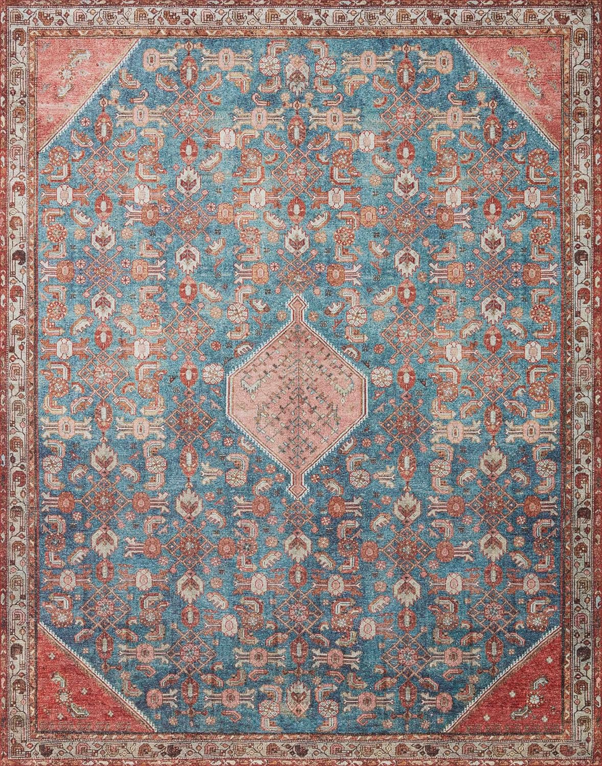 Loloi Layla Collection LAY-10 Marine/Clay 2'-6" x 9'-6" .13" Thick Runner Rug, Soft, Durable, Vintage Inspired, Distressed, Low Pile, Non-Shedding, Easy Clean, Printed, Living Room Rug
