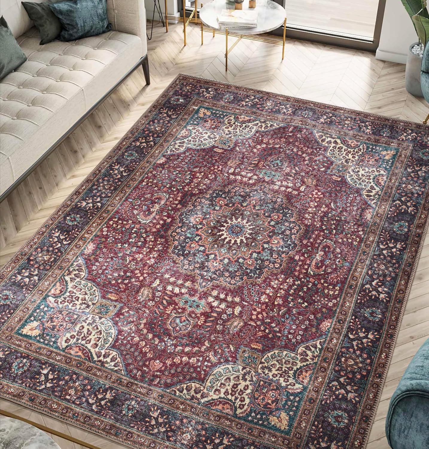 Keen Home Design 9x12 Rug - Machine Washable Area Rug with Non-Slip Backing, Ideal for Living Room, Dining Room, Bedroom - Vintage, Easy Clean, Durable, Low Pile Rug - (9' x 12')