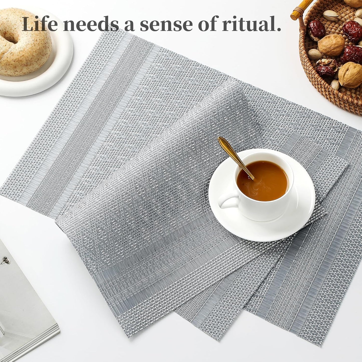 Leetaltree Lunar Grey Placemats Set of 4 - Heat Resistant Non-Slip Place mats for Dining Table, Washable Durable PVC Vinyl Woven Table Mats（Lunar Grey, 4）