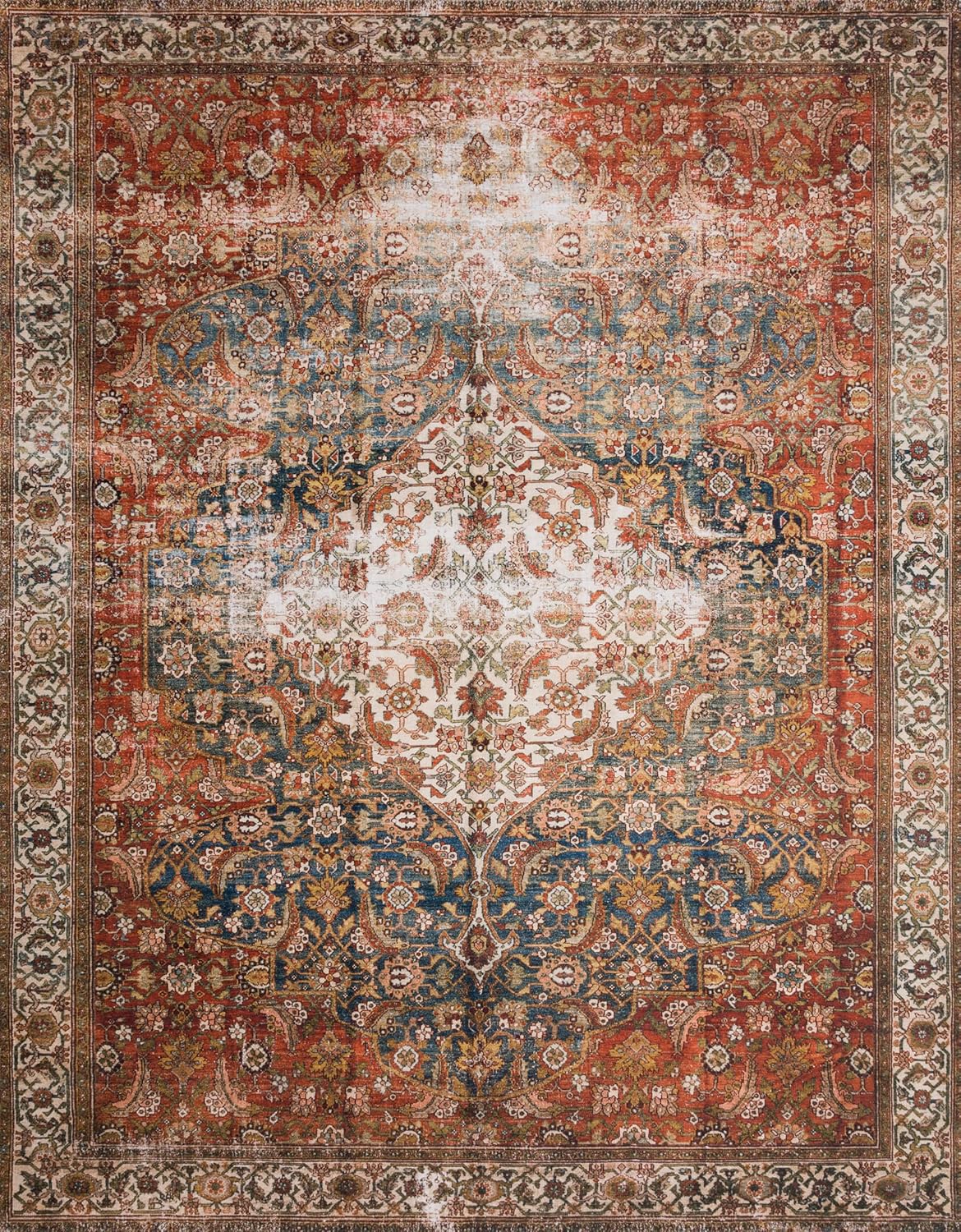 Loloi Layla Collection LAY-05 Ocean/Multi 2'-6" x 12'-0" .13" Thick Runner Rug, Soft, Durable, Vintage Inspired, Distressed, Low Pile, Non-Shedding, Easy Clean, Printed, Living Room Rug